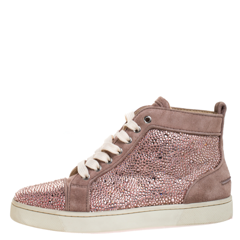 

Christian Louboutin Pink Crystal Embellished Suede Leather Louis High Top Sneakers Size