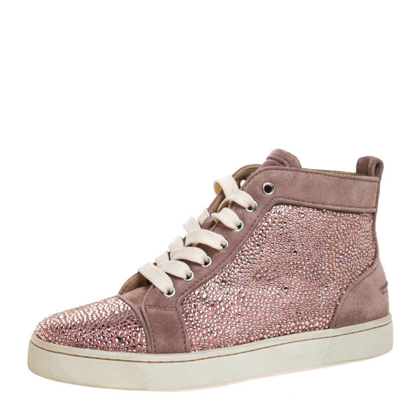 Christian Louboutin Pink Crystal Embellished Suede Leather Louis High Top Sneakers Size 37
