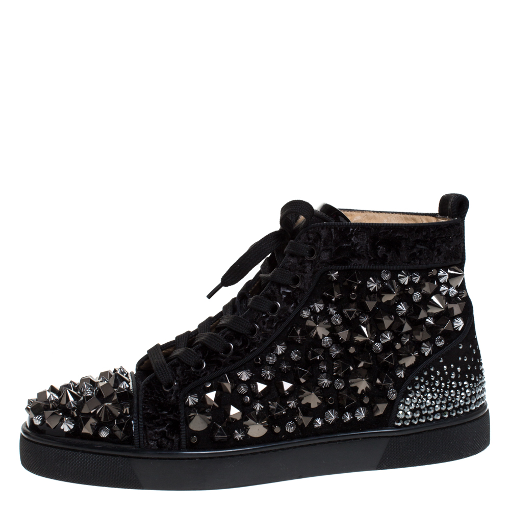 

Christian Louboutin Black Suede, Patent Leather And Velvet Embellished Pik Pik Louis High Top Sneakers Size