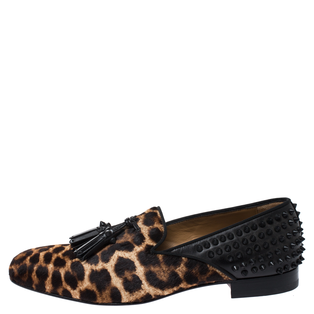 

Christian Louboutin Leopard Print Pony Hair And Black Leather Spiked Tassilo Loafers Size