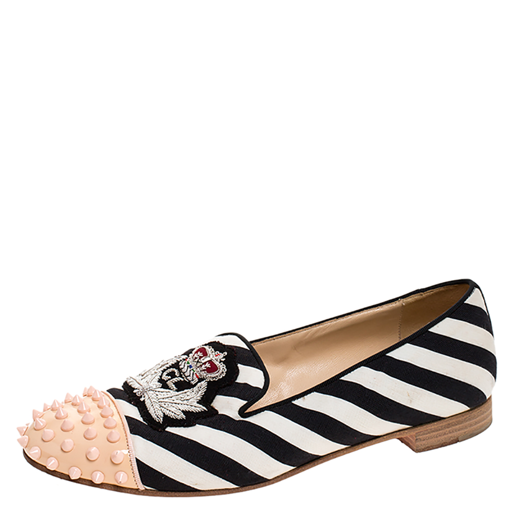 Pre Owned Christian Louboutin Multicolor Striped Canvas Spiked Cap Toe Harvanana Smoking Slippers Size 39.5