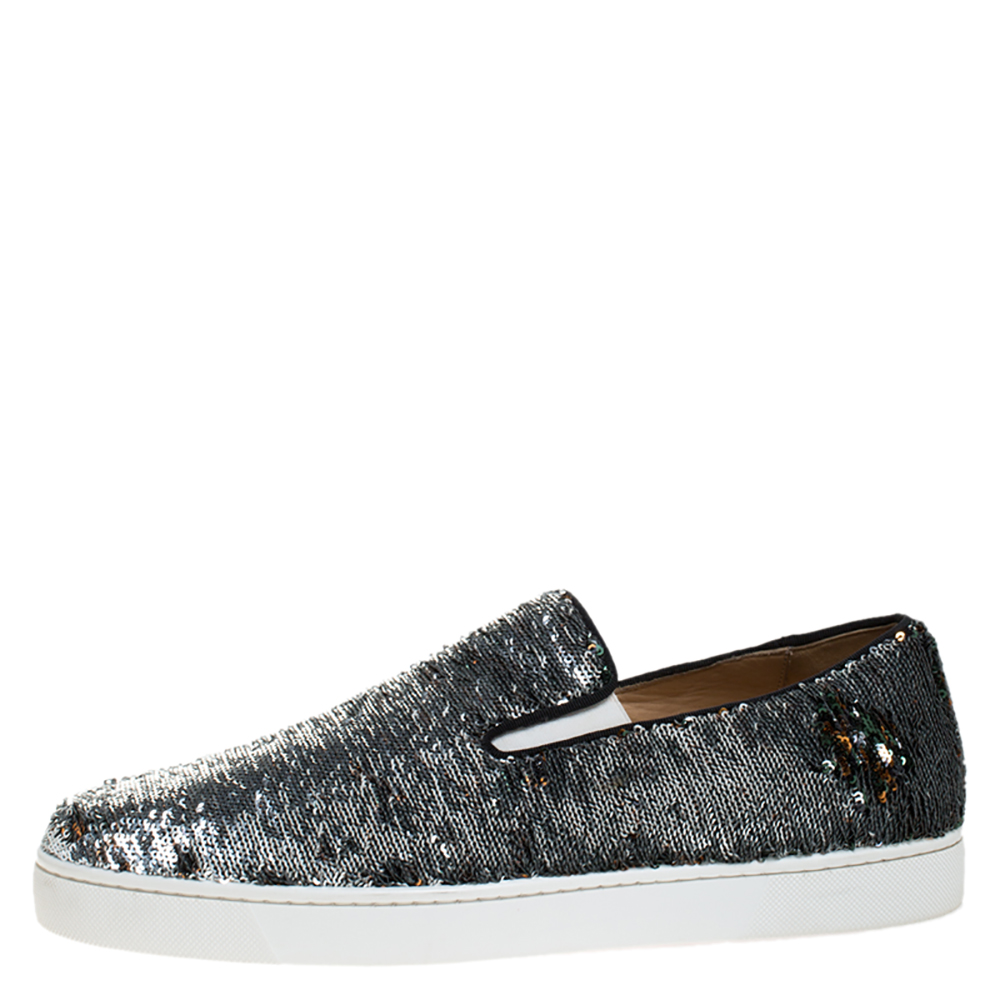 

Christian Louboutin Silver/Green Sequins Boat Slip On Sneakers Size