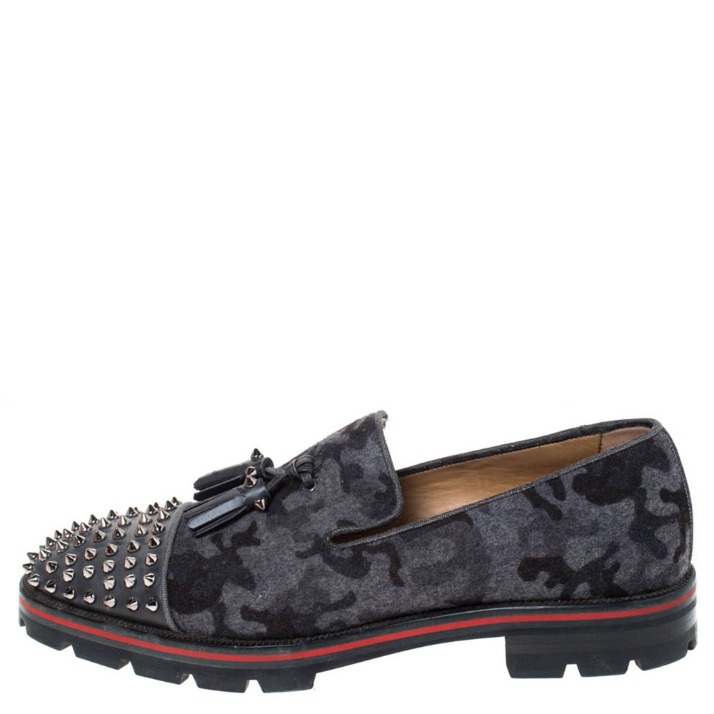 

Christian Louboutin Grey Camouflage Wool and Leather Rossini Spike Cap Toe Loafers Size