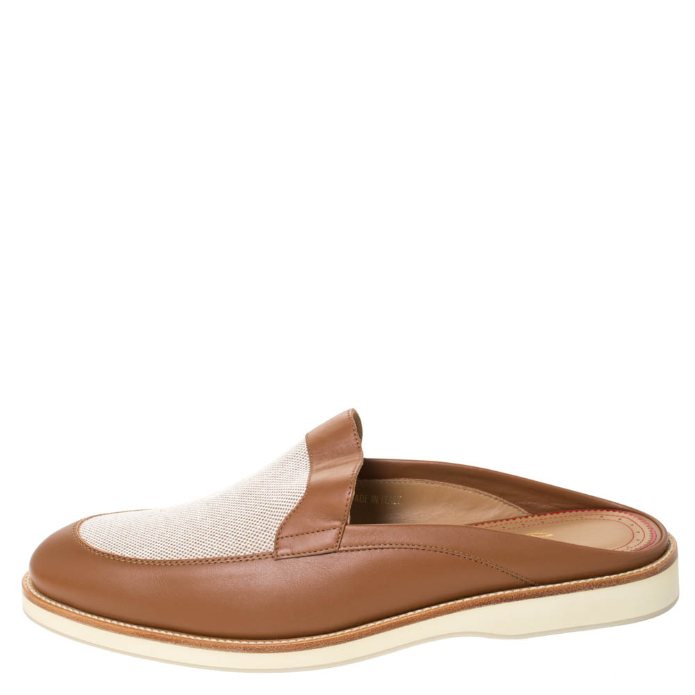 

Christian Louboutin Tan Leather and Canvas Lazy N' Happy Slip On Mules Size