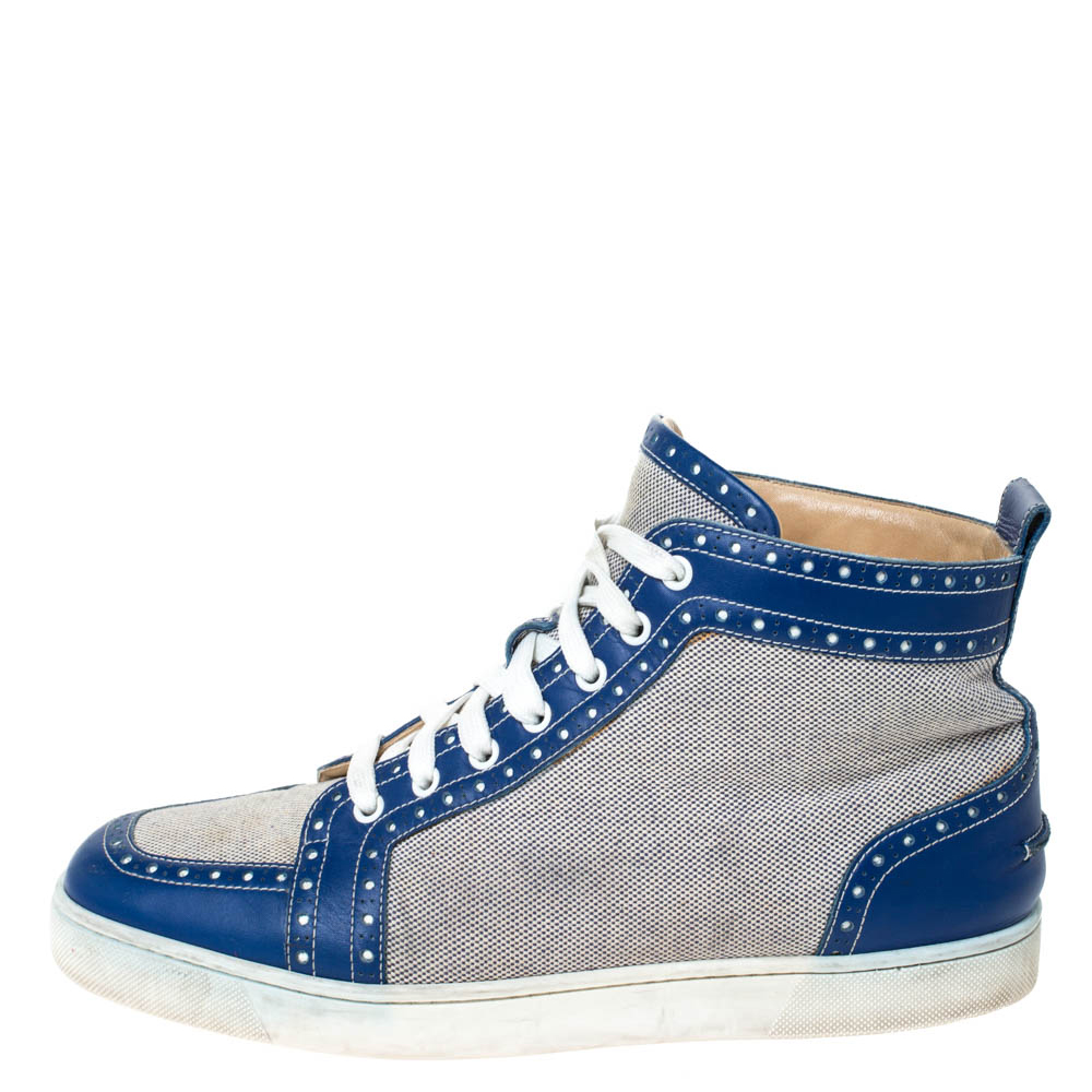 

Christian Louboutin Blue/White Leather And Canvas Rantus Orlato High Top Sneakers Size