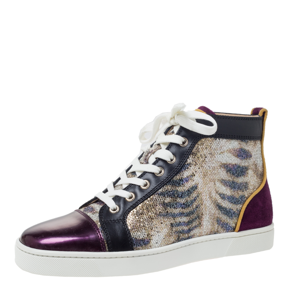 Pre Owned Christian Louboutin Mulitcolor Glitter Fabric and Leather High Top Sneakers Size 40