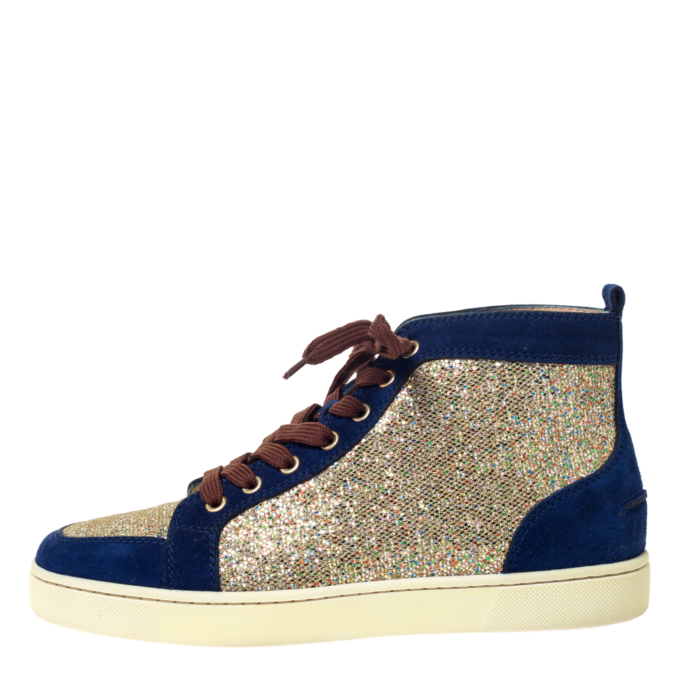 

Christian Louboutin Blue/Gold Suede And Glitter Orlato High Top Sneakers Size