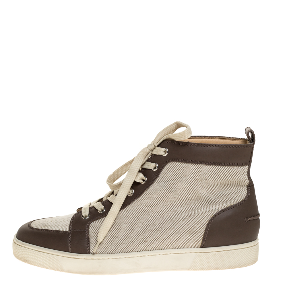 

Christian Louboutin Grey/White Leather And Canvas Rantus Orlato High Top Sneakers Size