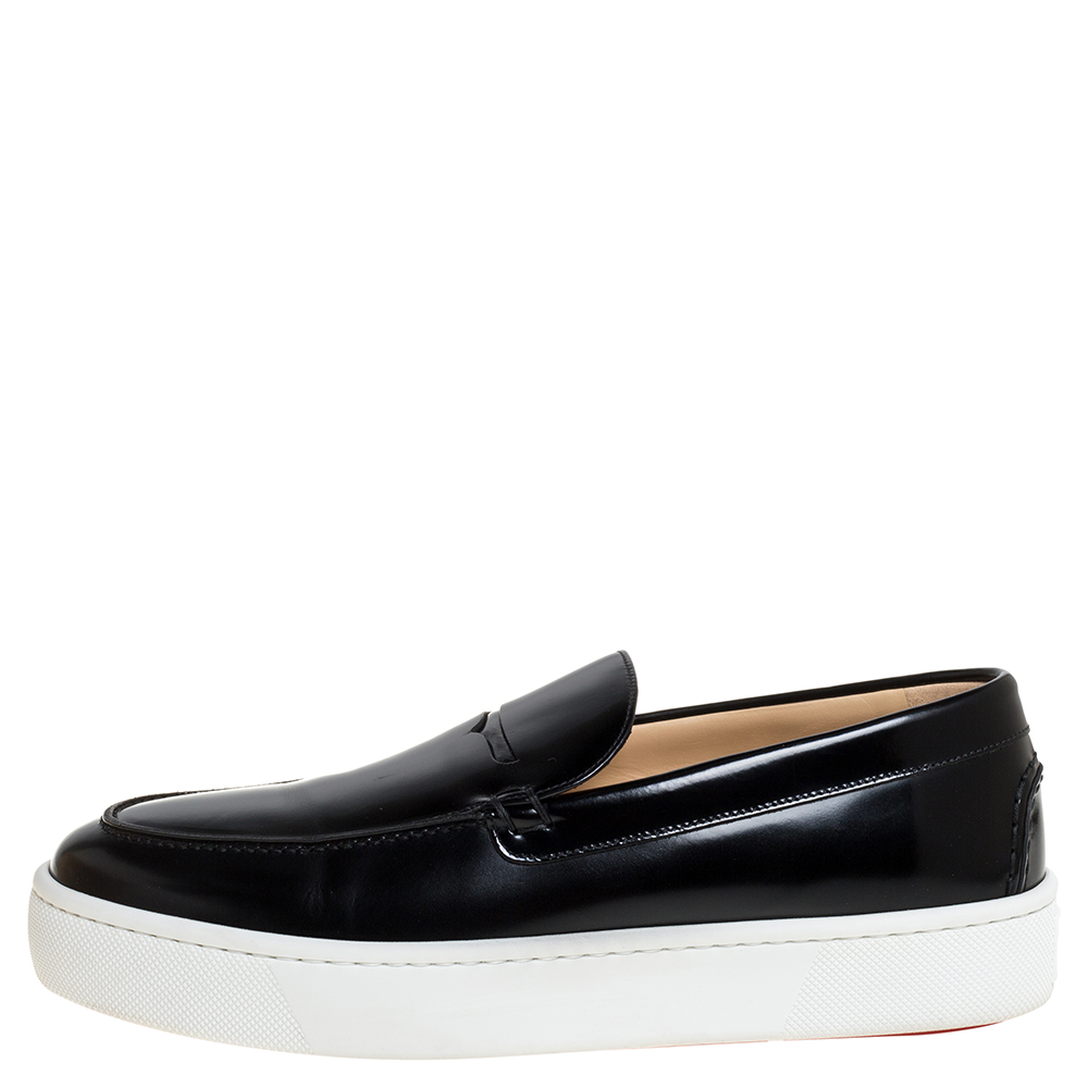 

Christian Louboutin Black Glossy Leather Paqueboat Slip On Sneakers Size