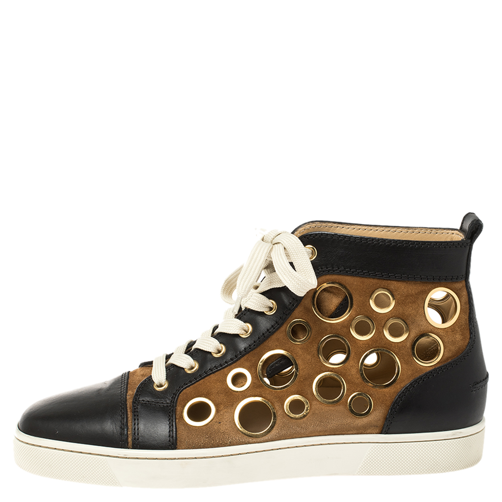 

Christian Louboutin Black/Brown Suede and Leather Bubble High-Top Sneakers Size