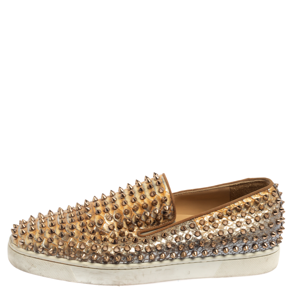 

Christian Louboutin Ombre Gold Python Pik Boat Spike Slip On Sneakers Size