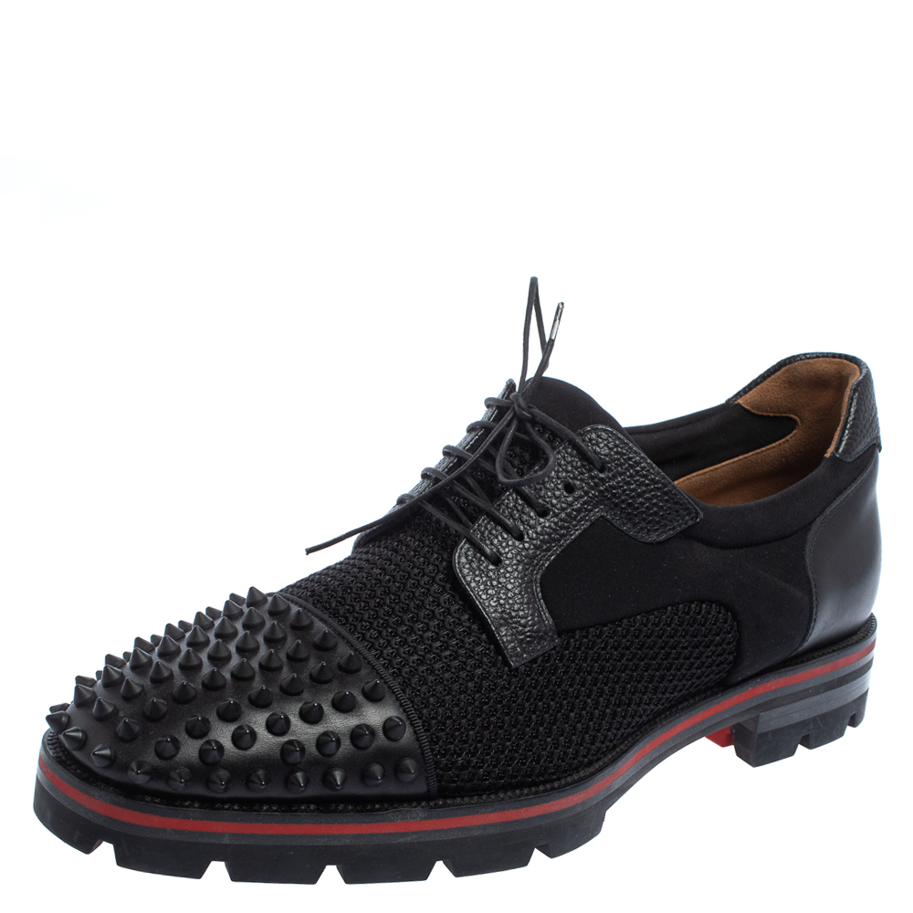 Pre-owned Christian Louboutin Black Fabric And Leather Luis Spikes Cap Toe Derby Size 42