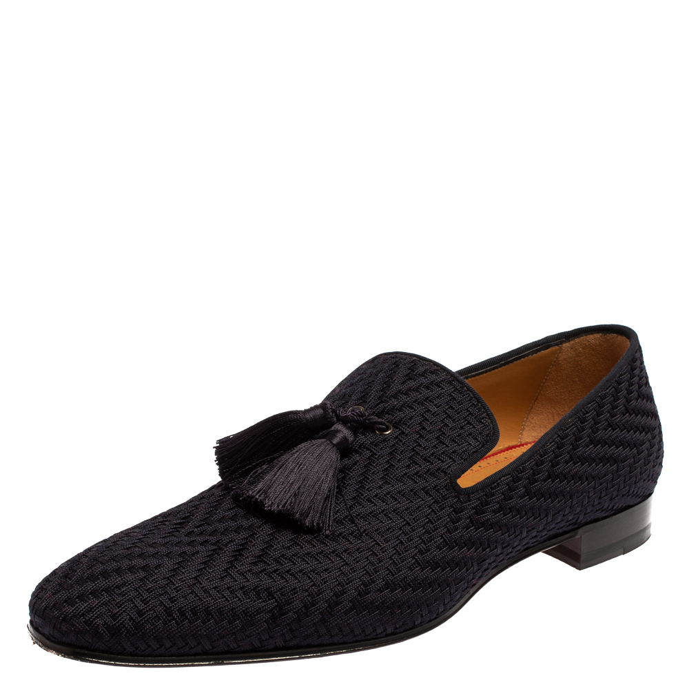 Pre-owned Christian Louboutin Navy Blue Woven Fabric Officialito Tassel Loafers Size 43