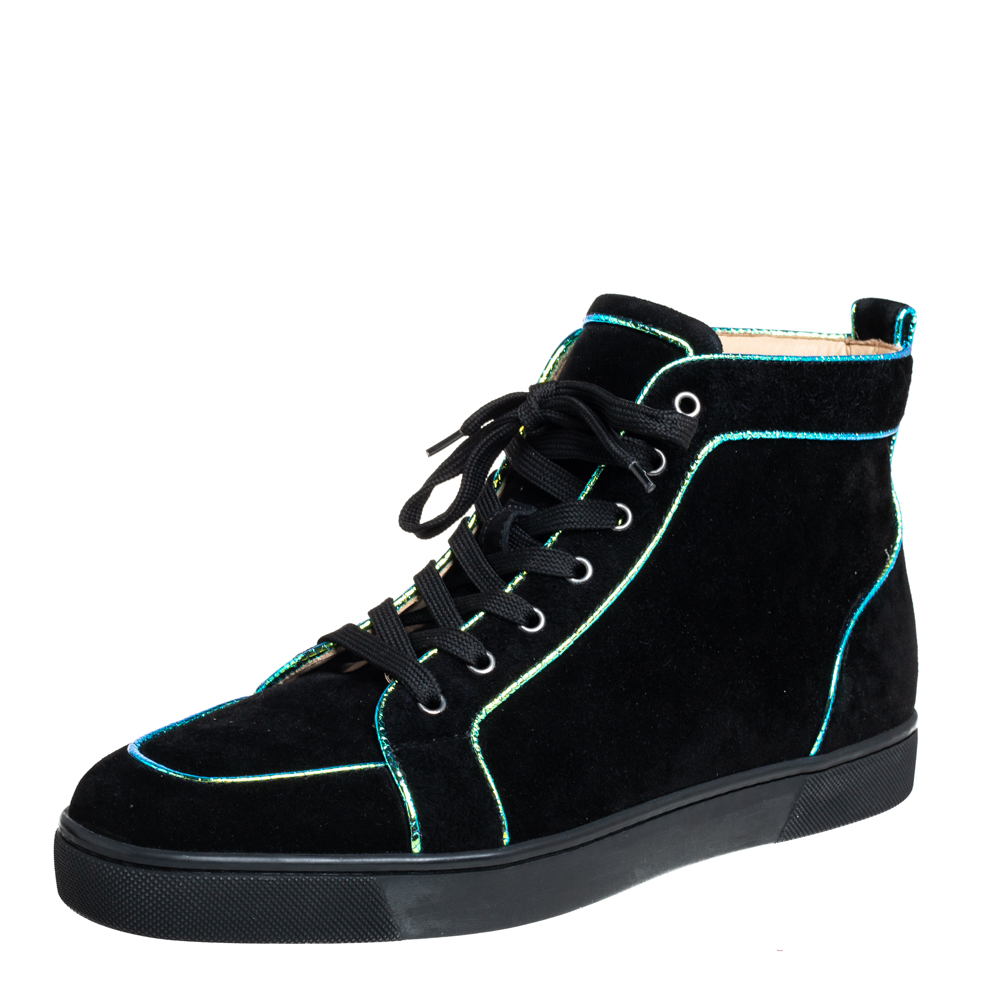 Pre Owned Christian Louboutin Black Suede And Iridescent Leather Trim Rantus Orlato High Top Sneakers Size 43.5