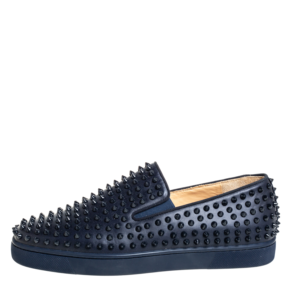 

Christian Louboutin Navy Blue Leather Spikes Slip On Sneakers Size