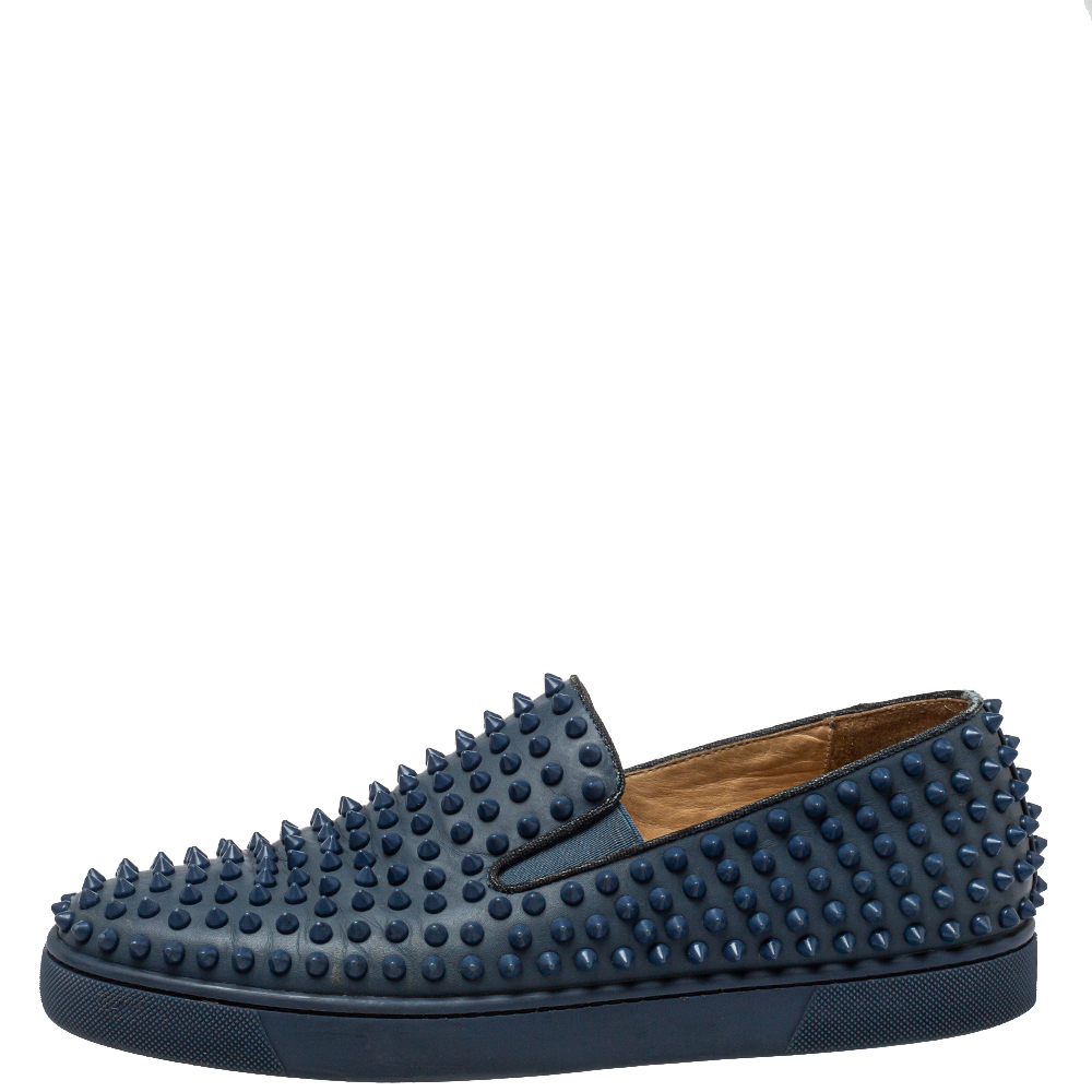 

Christian Louboutin Blue Leather Roller Boat Spike Slip On Sneakers Size