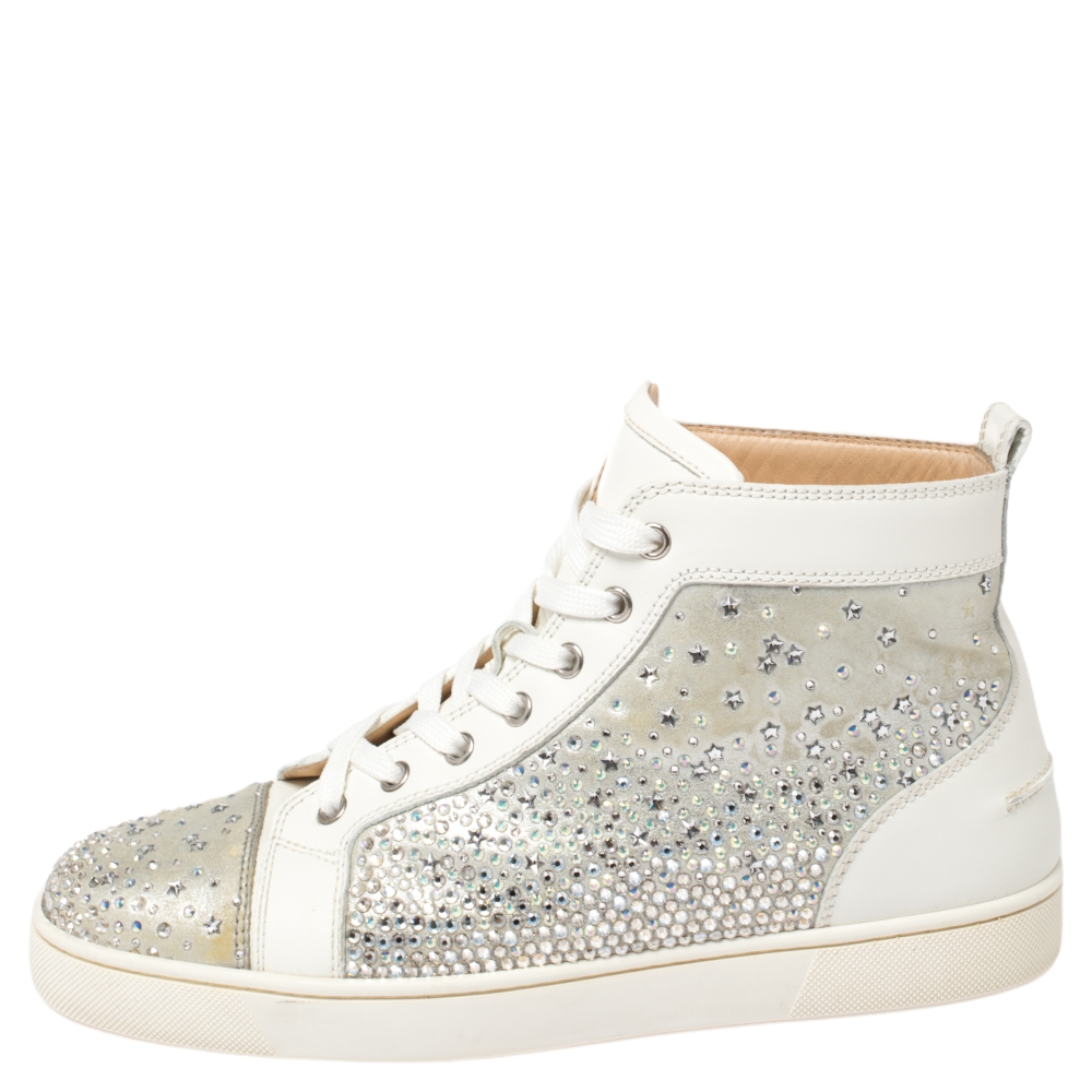

Christian Louboutin Silver/White Leather Rantus Crystal Embellished High Top Sneakers Size