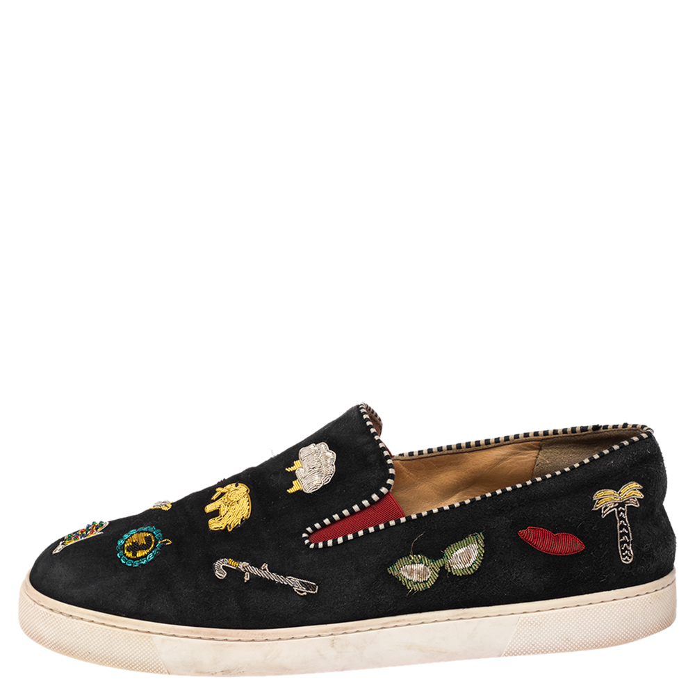 

Christian Louboutin Black Embellished Suede Pik N Luck Slip-on Sneakers Size