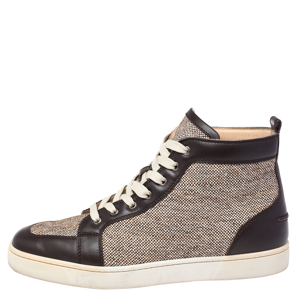 

Christian Louboutin Brown/Beige Woven Canvas and Leather Rantus High Top Sneakers Size