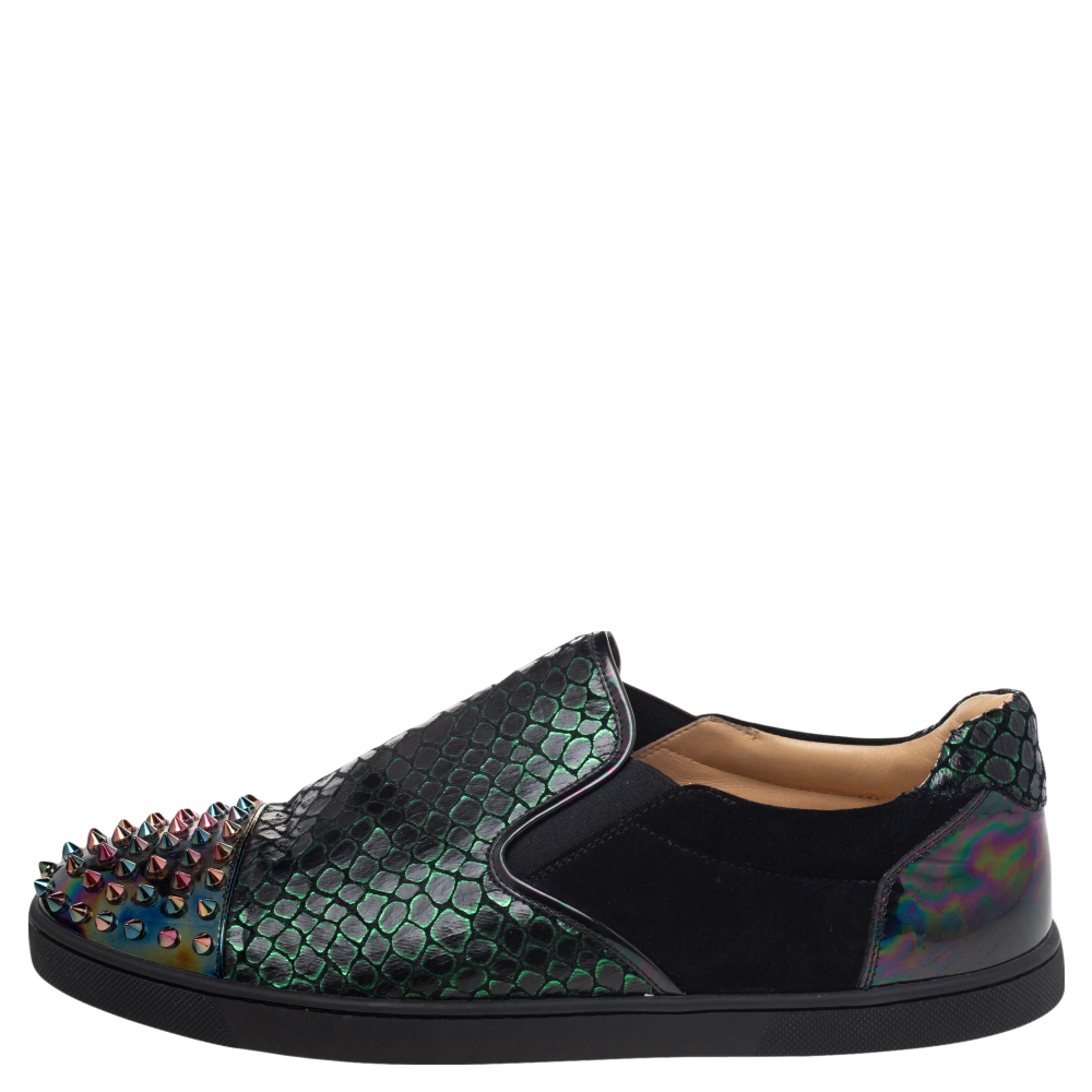 

Christian Louboutin Multicolor Snake Print Leather And Holographic Leather Spike Toe Cap Sneakers Size