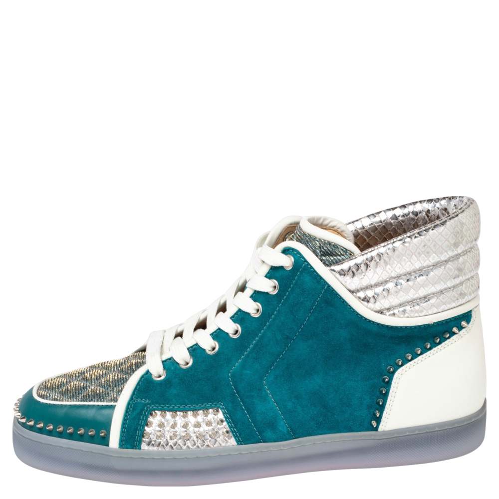 

Christian Louboutin Blue/Silver Suede And Python Embossed Leather Louis Spike High Top Sneakers Size