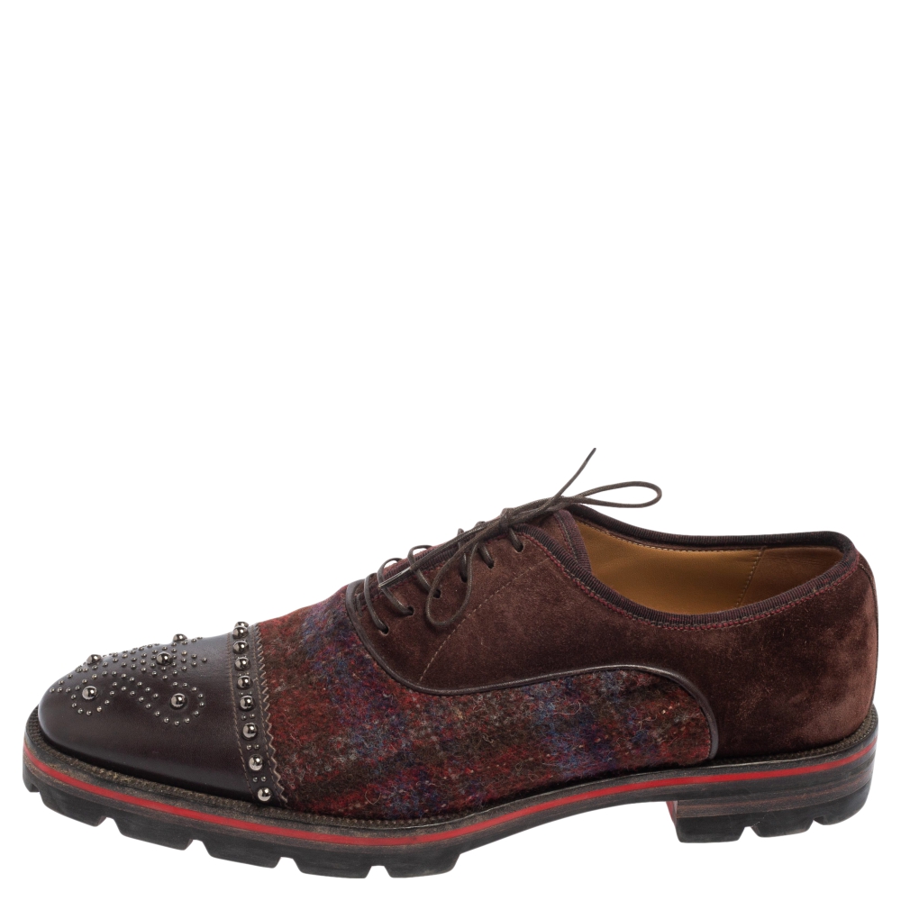 

Christian Louboutin Brown/Burgundy Leather And Wool Blend Robertus Studded Lace Up Oxfords Size
