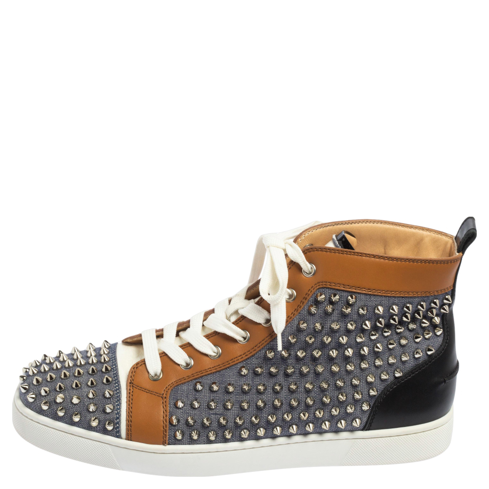 

Christian Louboutin Tricolor Denim and Leather Louis Spikes High Top Sneakers Size, White