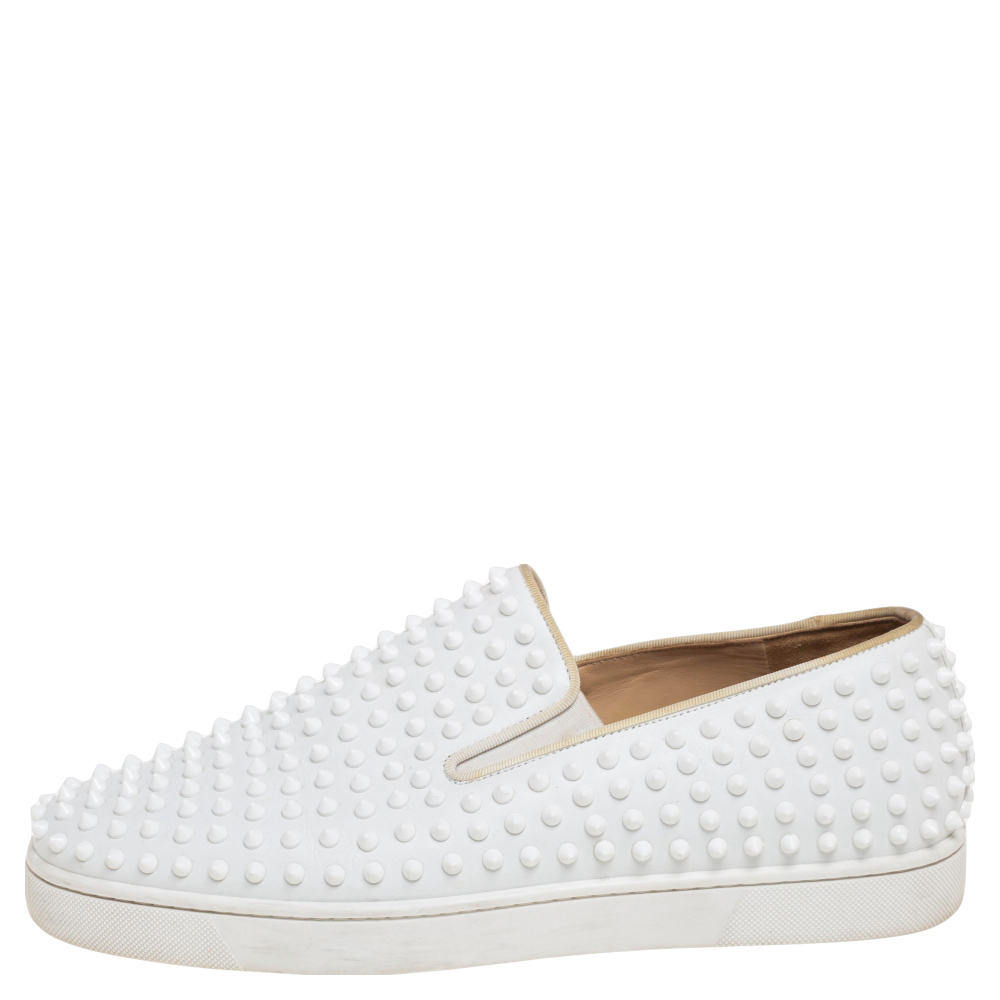 

Christian Louboutin White Leather Roller Boat Spike Slip On Sneakers Size