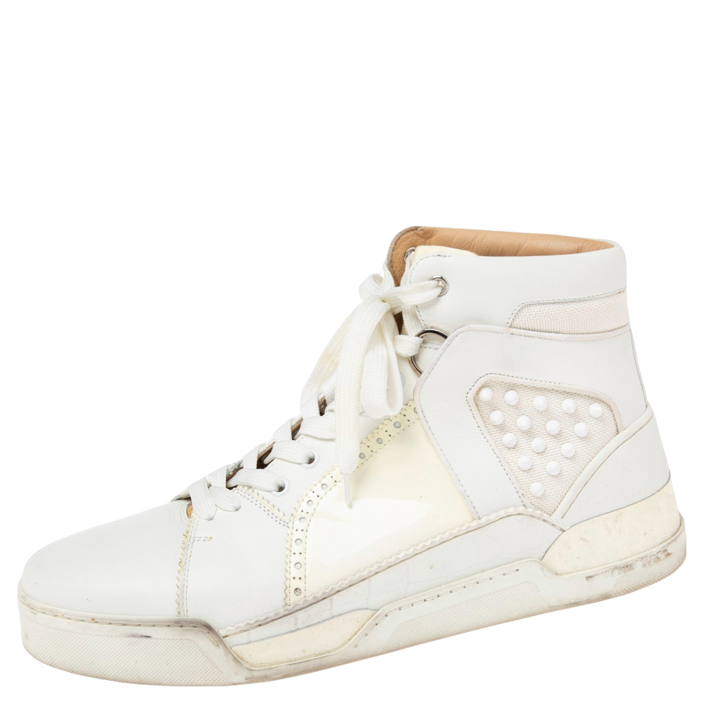 

Christian Louboutin White Patent Leather And Leather Loubikick High Top Sneakers Size