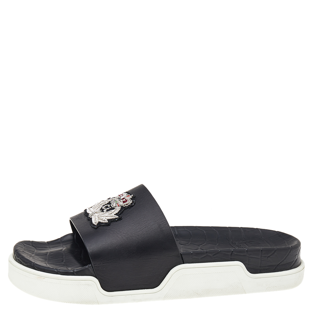 

Christian Louboutin Black Leather Crest Slide Sandals Size
