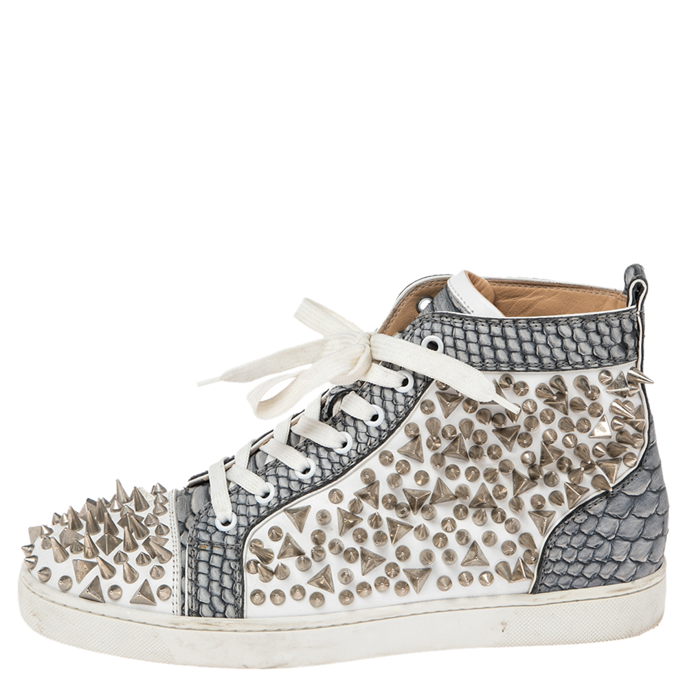 

Christian Louboutin White/Ash Blue Leather and Python Louis Pik Pik Sneakers Size