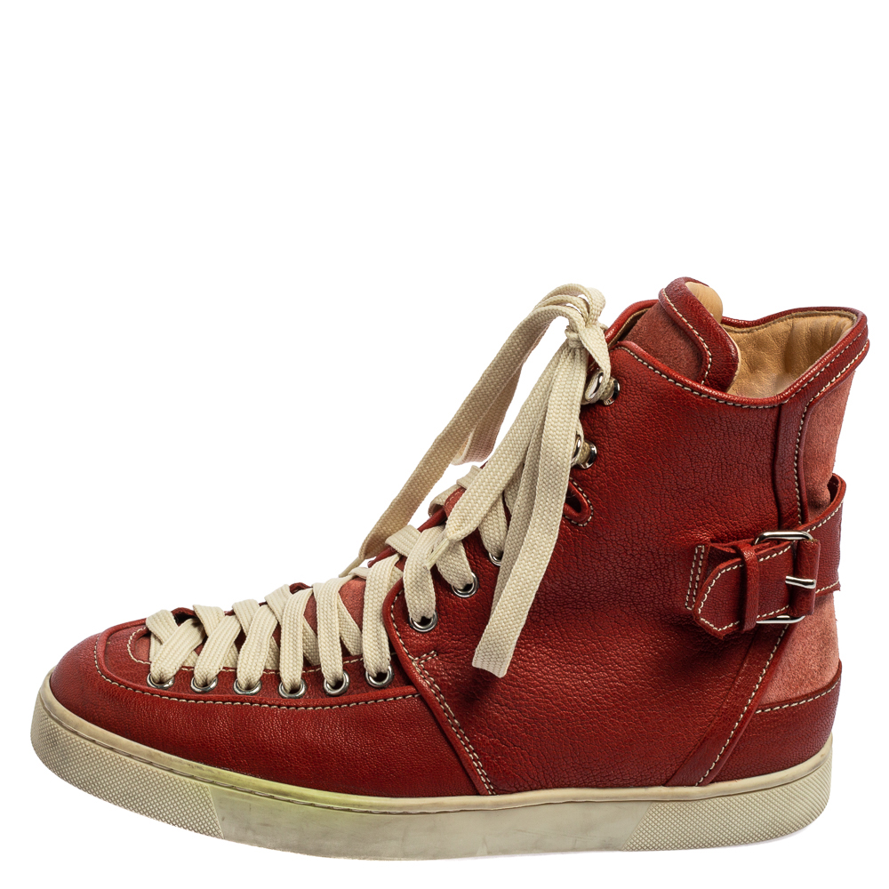 Christian Louboutin Red Leather And Suede High Top Sneakers Size