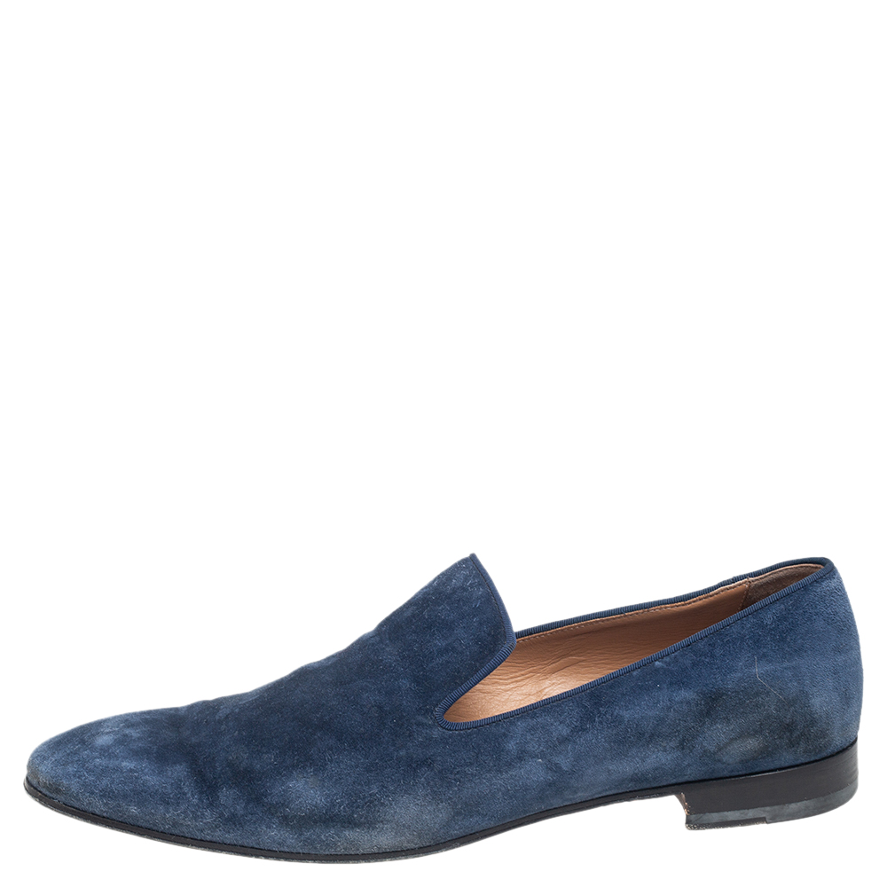 

Christian Louboutin Blue Suede Dandelion Grosgrain-Trimmed Loafers Size