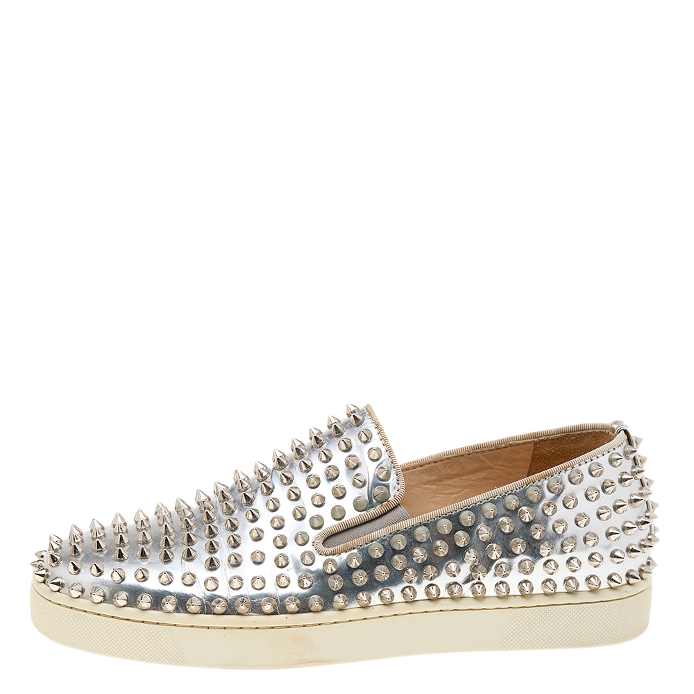 

Christian Louboutin Metallic Silver Leather Roller Boat Spiked Slip On Sneakers Size