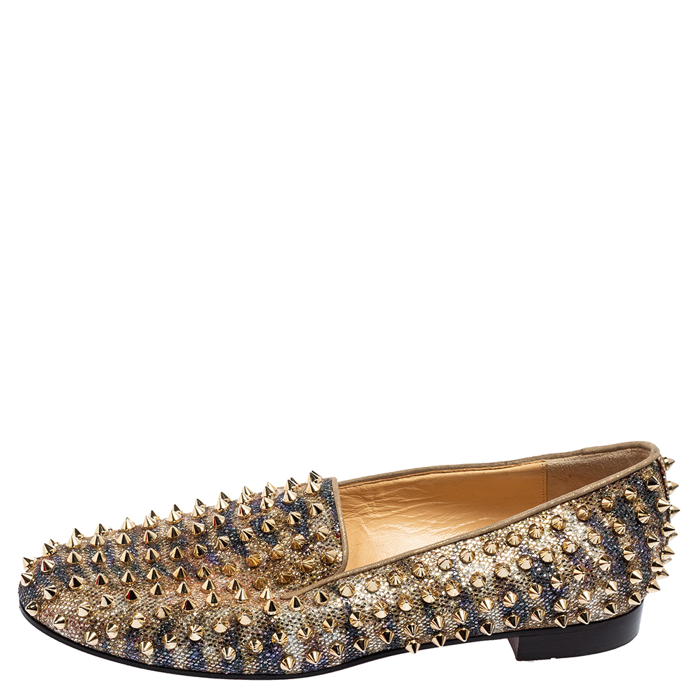 

Christian Louboutin Gold/Blue Glitter Roller Boat Spiked Slip-On Loafers Size