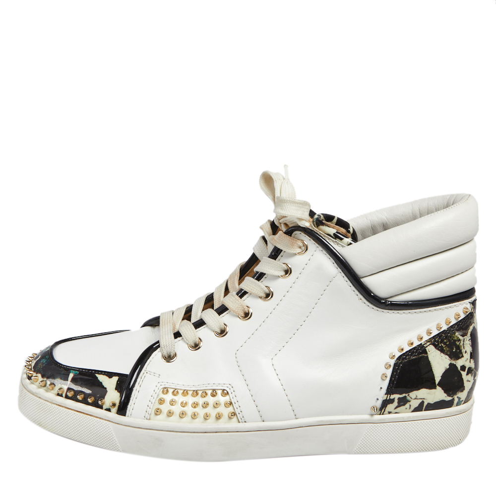 

Christian Louboutin White/Black Leather & Patent Leather Sporty Dude High Top Sneakers Size