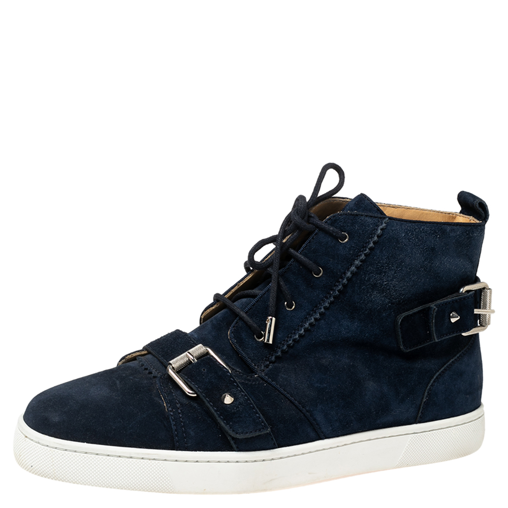 Pre-owned Christian Louboutin Navy Blue Suede Nono Strap Reglisse High-top Sneakers Size 41.5