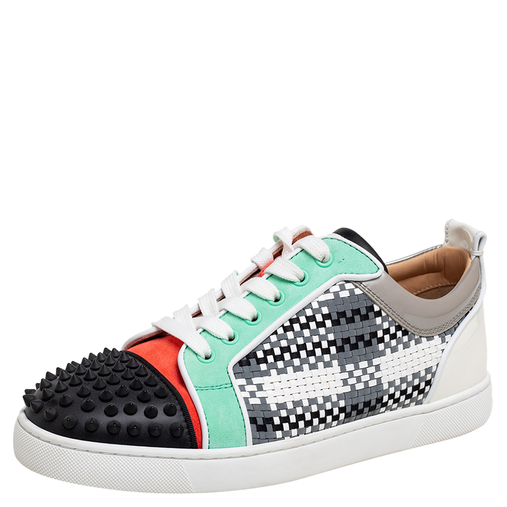 Pre-owned Christian Louboutin Multicolor Weaved Leather, Suede And Patent Leather Spiked Louis Junior Low-top Sneakers Size 40.5