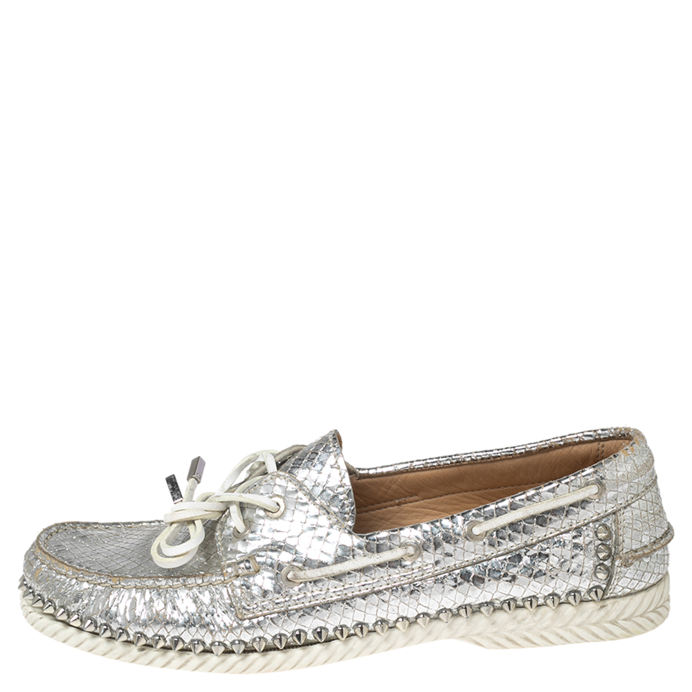 

Christian Louboutin Silver Python Effect Suede Steckel Spike Boat Loafers Size
