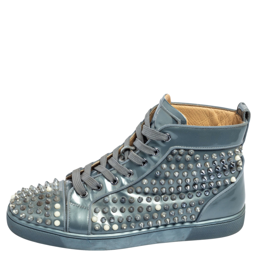 

Christian Louboutin Steel Blue Grey Patent Leather Louis Spikes High-Top-Sneakers Size