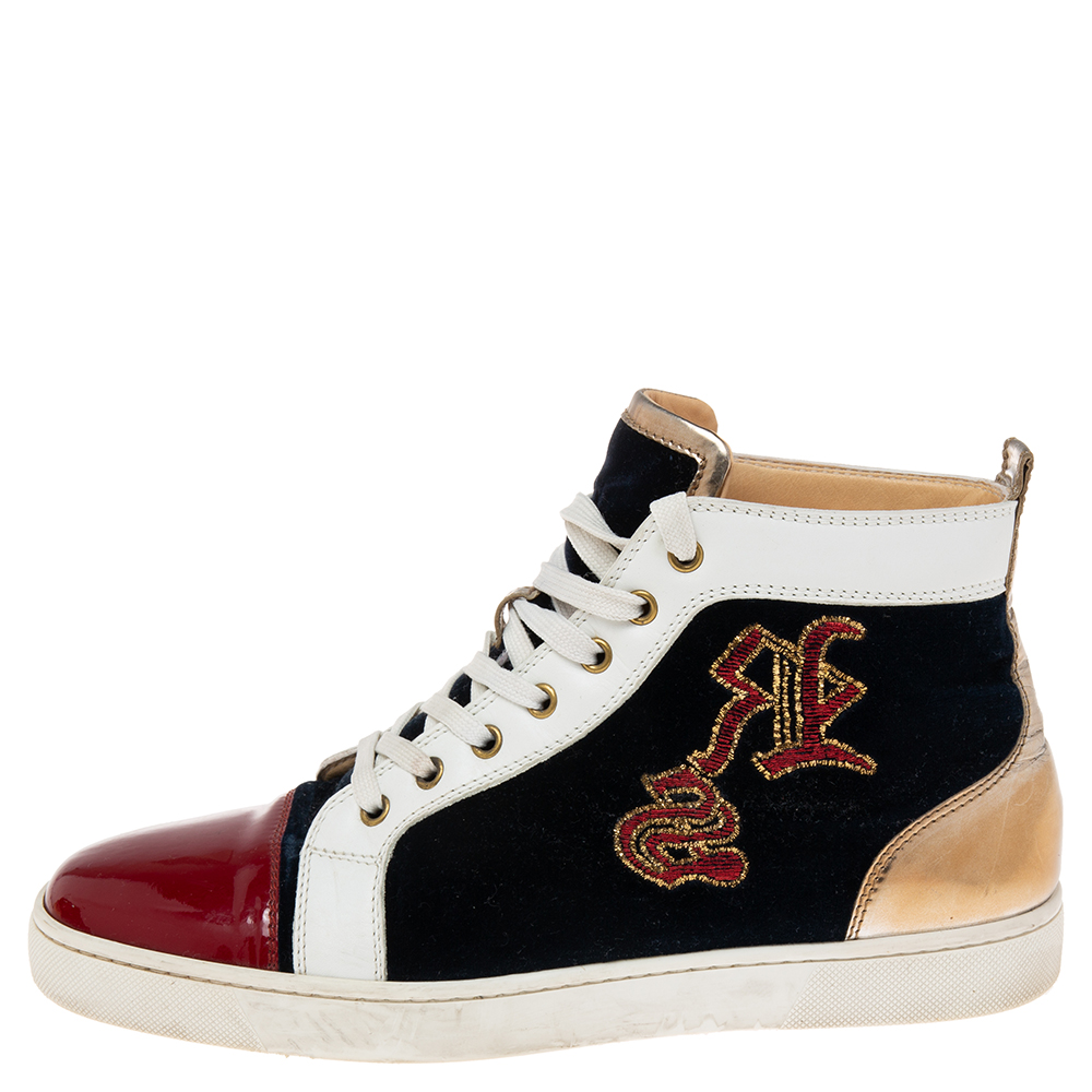 Christian Louboutin Multicolor Leather and Embroidered Velvet Louis High-Top Sneakers Size 43  - buy with discount
