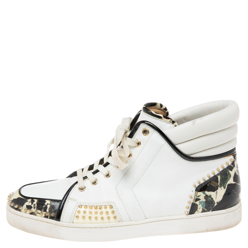 

Christian Louboutin White/Black Leather And Patent Leather Sporty Dude High Top Sneakers Size