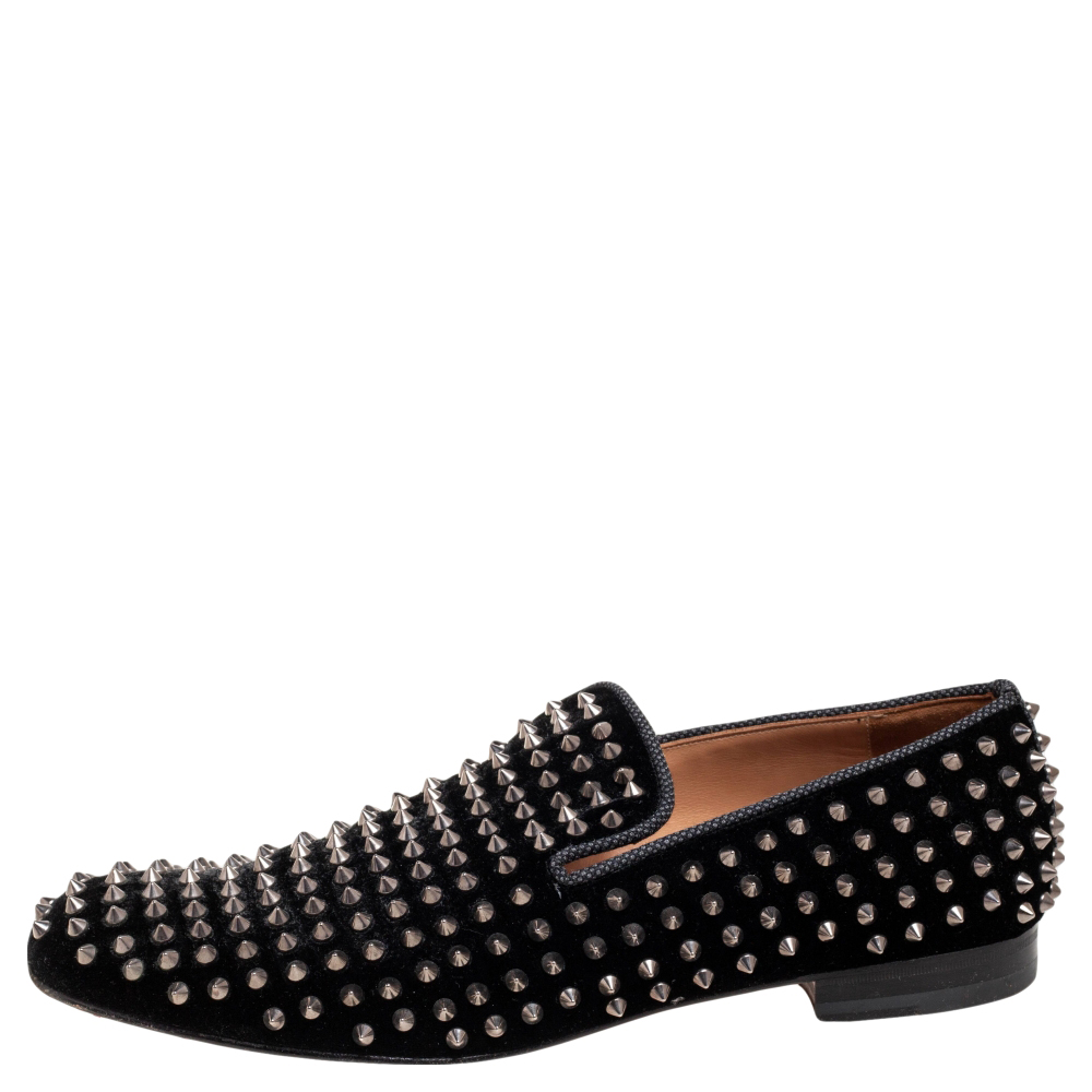 

Christian Louboutin Black Velvet Rollerboy Spikes Smoking Slippers Size