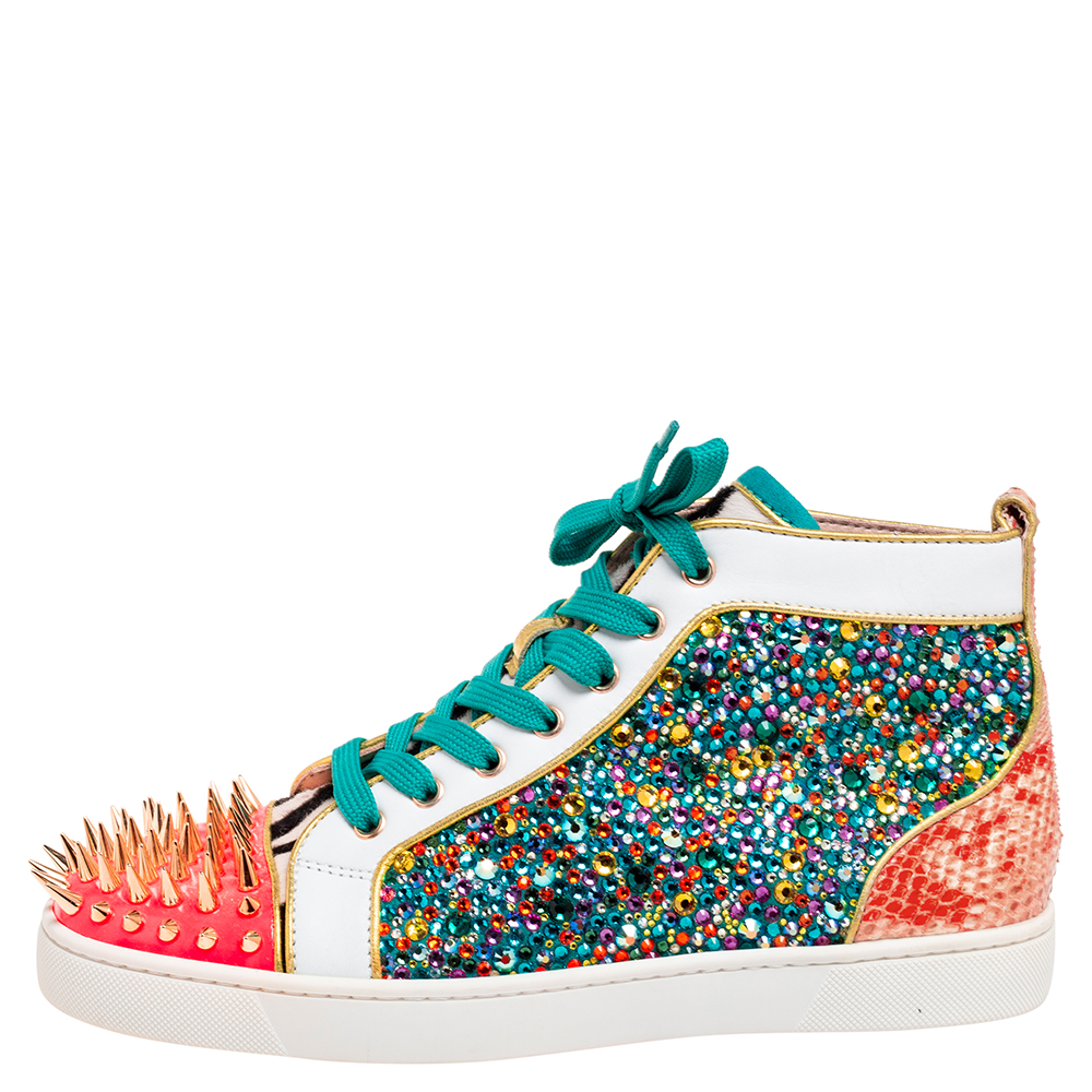 

Christian Louboutin Multicolor Crystal Embellished Suede, Calf Hair and Patent Leather No Limit Spikes Cap-Toe Sneakers Size