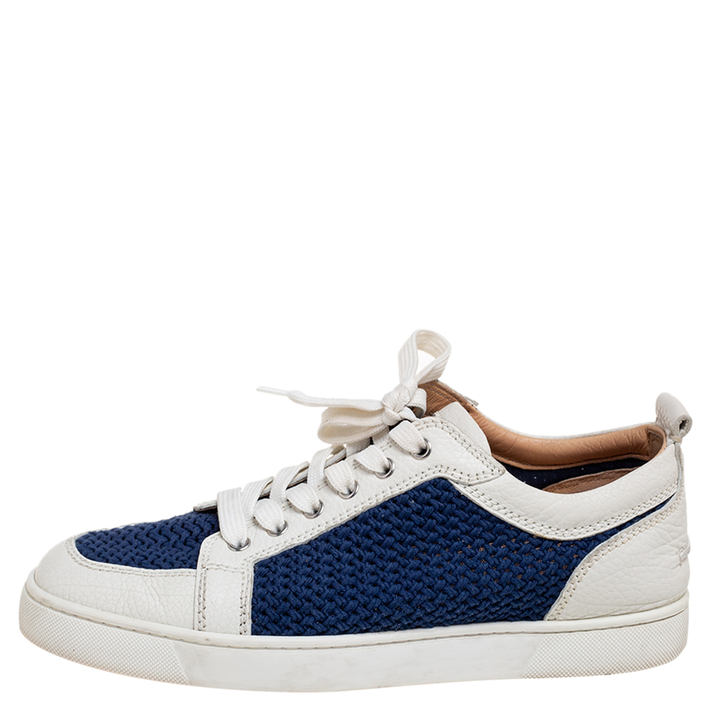 

Christian Louboutin White/Blue Leather And Woven Fabric AC Rantulow Sneakers Size