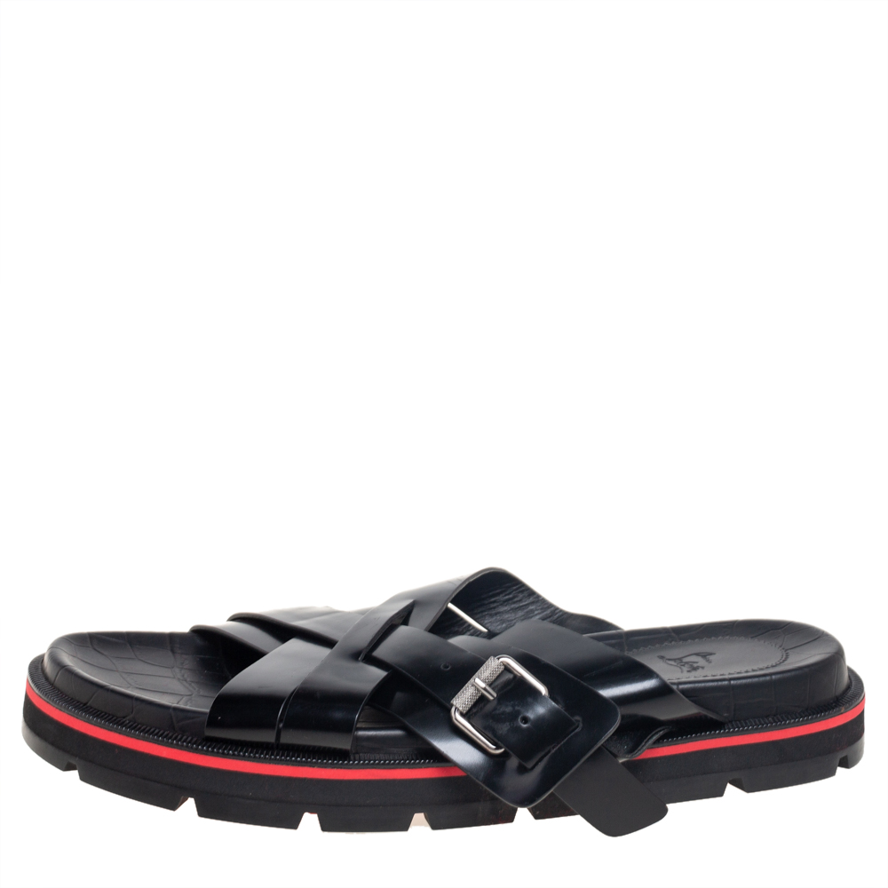 

Christian Louboutin Black Patent Leather Flat Slide Sandals Size