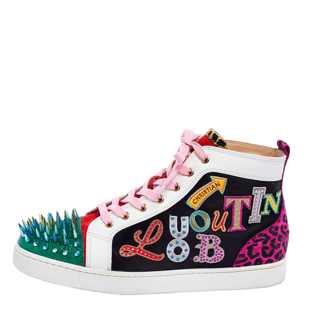 

Christian Louboutin Multicolor Logo Suede, Patent Leather and Glitter Lou Spikes High-Top Sneakers Size