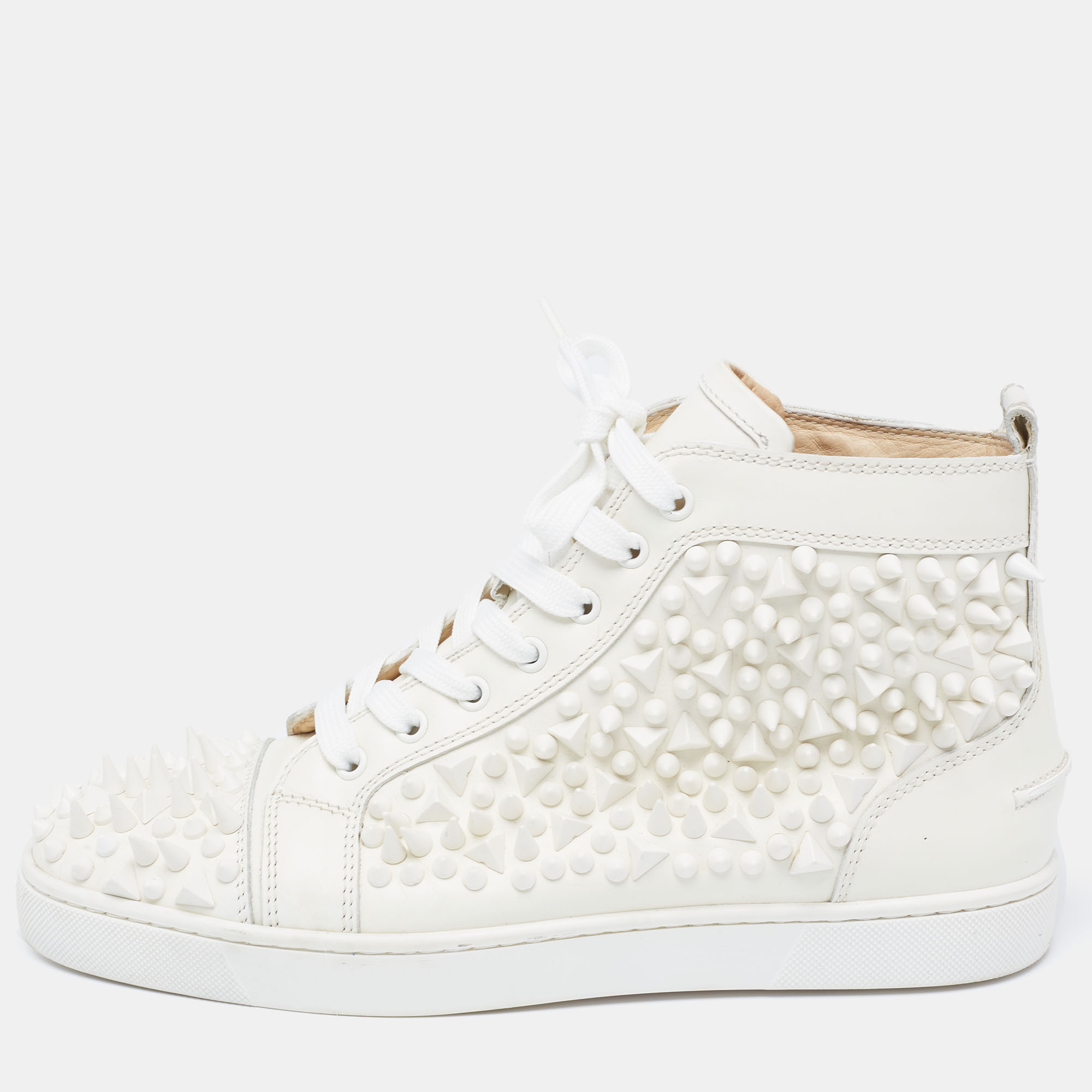 Pre-owned Christian Louboutin White Leather Louis Spikes Lace Up High Top Sneakers Size 42