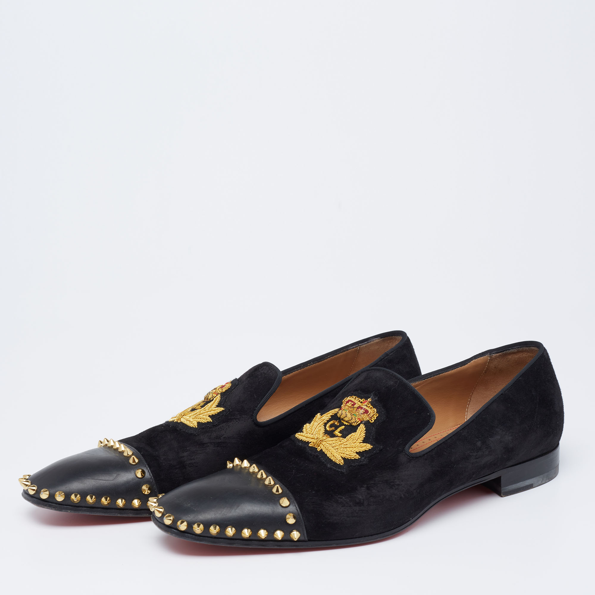

Christian Louboutin Black Suede and Leather Captain Loubi Spiked Smoking Slippers Size