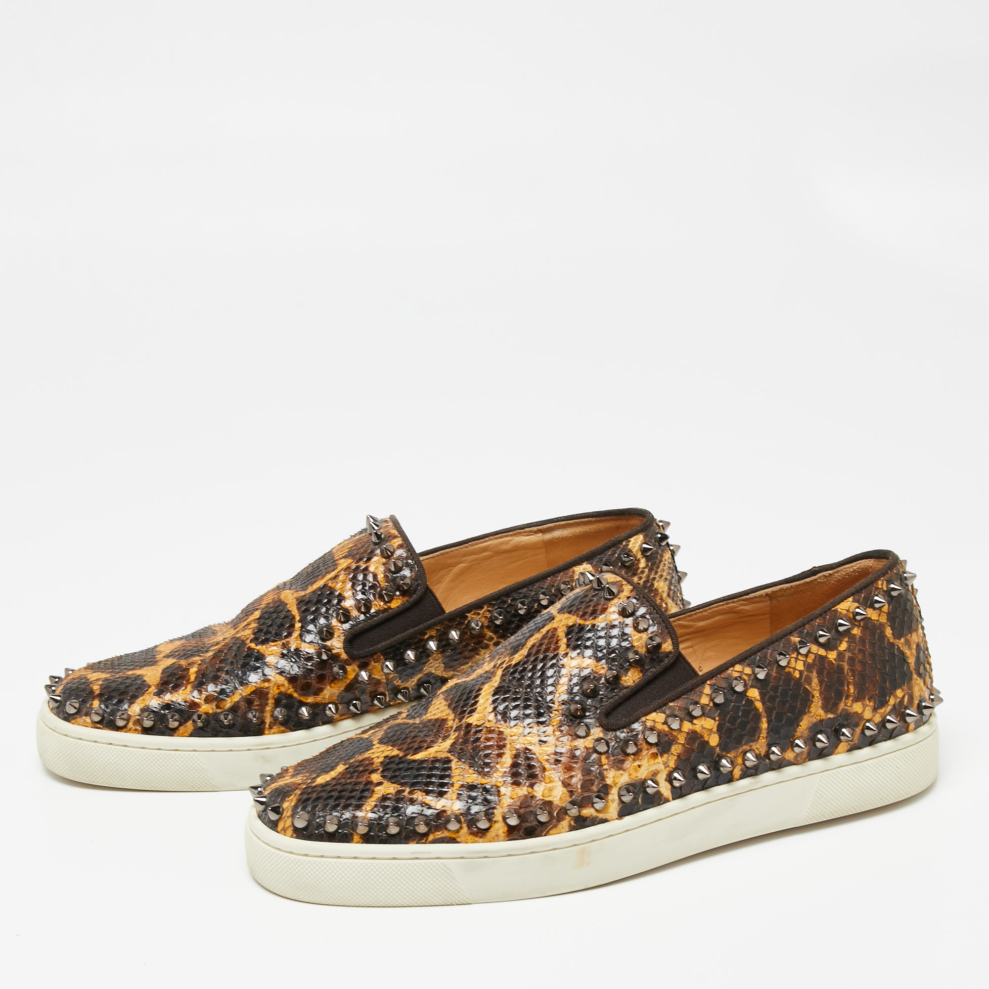 

Christian Louboutin Brown/Beige Leopard Print Python Leather Spike Slip-On Sneakers Size